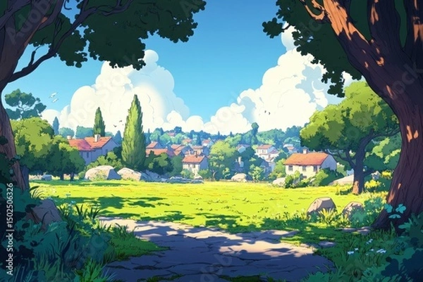 Obraz Vibrant Cartoon Park Scene: Lively Glade and Townscape Amidst a Sunny Landscape