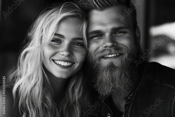 Obraz Joyful Duo: Young Happy Smiling Couple with Beard, Exuding Love and Emotion