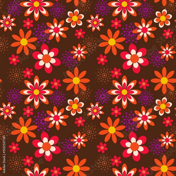 Fototapeta Cute flowers in retro style on brown background seamless vector pattern