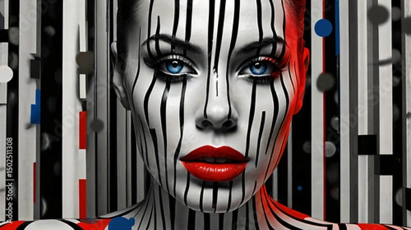 Fototapeta Optical Art Inspired Portrait with Black and White Stripes and Blue Eyes