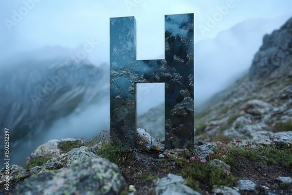 Obraz Giant weathered stone letter H monuments in dramatic mountain landscapes AI generated