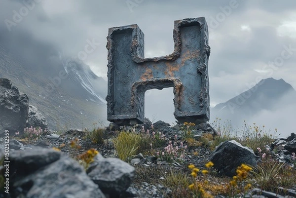 Obraz Giant weathered stone letter H monuments in dramatic mountain landscapes AI generated