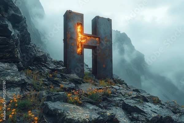 Obraz Giant weathered stone letter H monuments in dramatic mountain landscapes AI generated