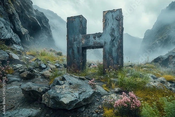 Obraz Giant weathered stone letter H monuments in dramatic mountain landscapes AI generated