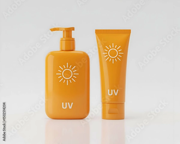 Fototapeta Orange Sunscreen Bottles with Sun Icon and UV Label on White Background