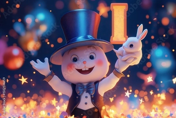 Obraz Magical cartoon magician with rabbit and glowing letter I show AI generated