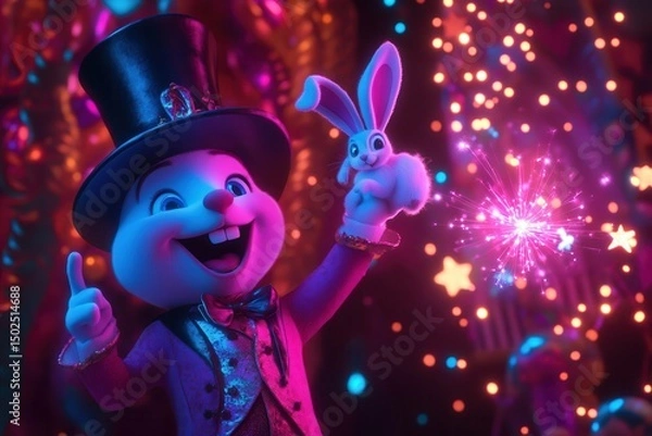 Obraz Magical cartoon magician with rabbit and glowing letter I show AI generated