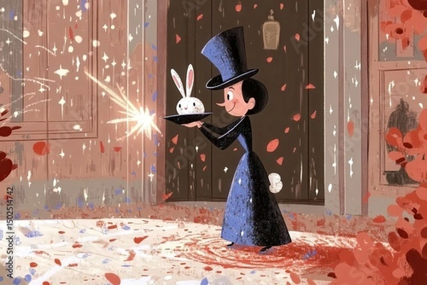 Obraz Whimsical vintage magician conjuring rabbit with magic spark AI generated
