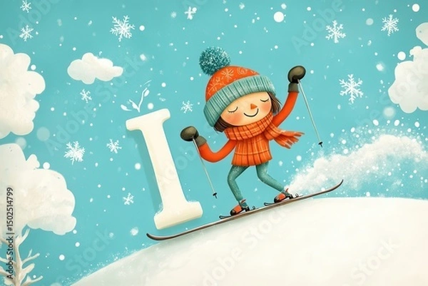 Obraz Happy skiing children on snowy hills with letter I and snowflakes AI generated