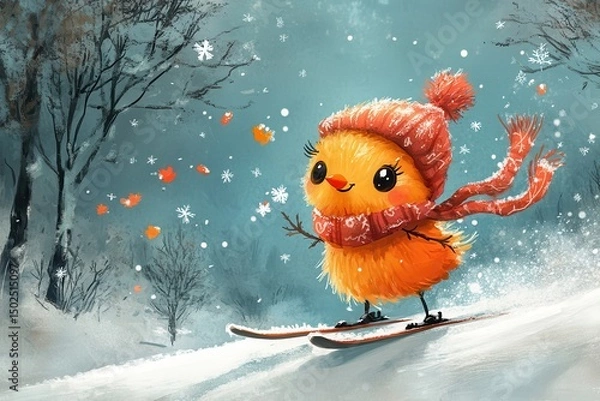 Obraz Adorable cartoon winter birds skiing through snow-covered landscape AI generated