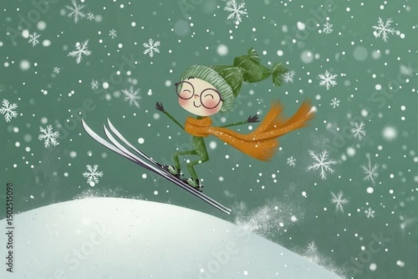Obraz Cute cartoon skier child jumping with joy in snowfall AI generated