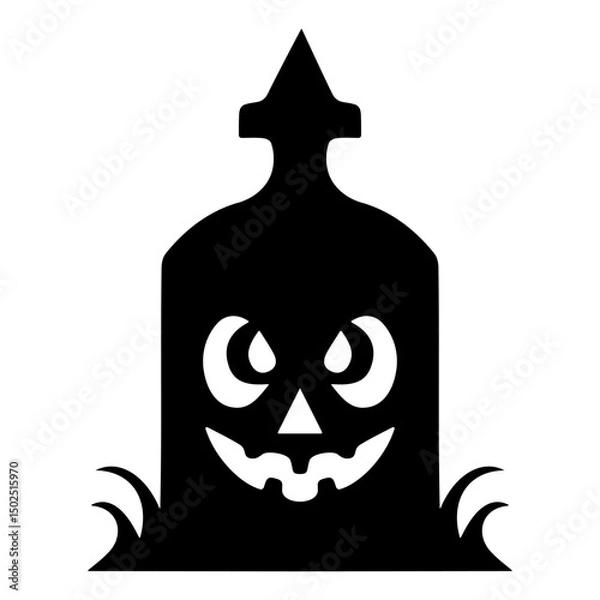 Fototapeta Black silhouette of tombstone with carved pumpkin face design isolated on transparent background, perfect for Halloween-themed decorations or graphics. Vector art