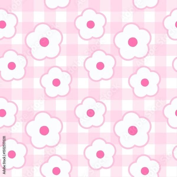 Fototapeta Seamless pink gingham pattern with simple white flowers and pink centers. Cute and soft design perfect for baby products, fabric, wallpapers, and feminine-themed projects.
