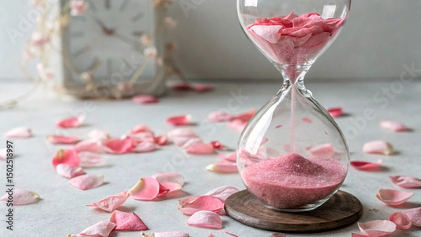 Obraz hourglass with pink rose petals countdown with sand