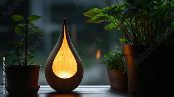 Fototapeta A teardrop-shaped garden lamp with wooden accents, illuminated by LED lights, sits on an outdoor table in the evening