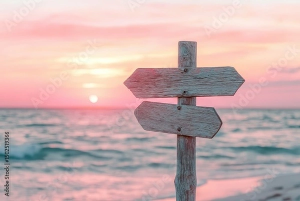Fototapeta Inspirational Life Event Quote on Beach Signpost at Sunset: Embracing Love, Hope, and New Beginnings in a Diverse Journey