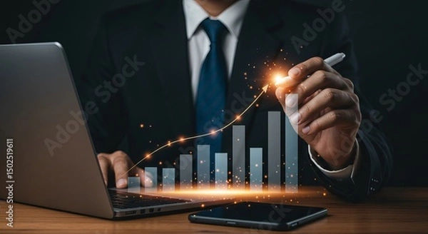 Fototapeta Businessman analyzing growth chart with laptop and stylus on desk in dark background setting indoors