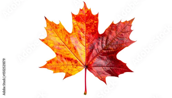 Fototapeta A colorful maple leaf showcasing the transition of seasons with vibrant shades. The leaf is divided into two halves, displaying both warm orange and rich red tones. 