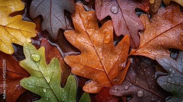 Fototapeta Oak leaf clusters colorful wet autumn leaves with detailed vein structures and water droplets forming natural mosaic pattern for graphic design
