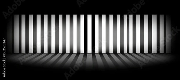 Obraz A dark room with a wall of vertical black and white stripes casting shadows on the floor