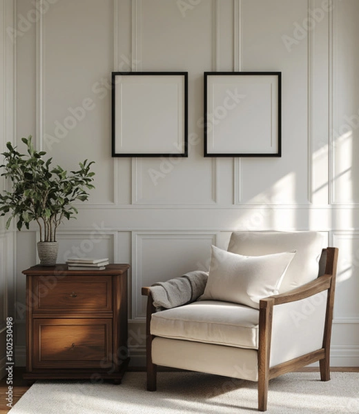 Obraz Modern interior, white walls with vertical black frames on the floor and a light gray sideboard
