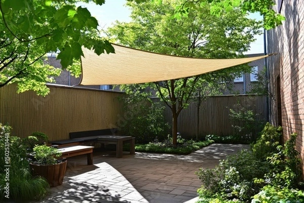 Obraz Urban Relaxation: Springtime Yard with Shade Cloth Canopy, Outdoor Seating, and Lush Trees