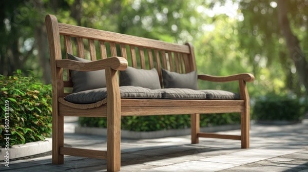 Obraz Wooden park bench with cushions in a garden setting (2)