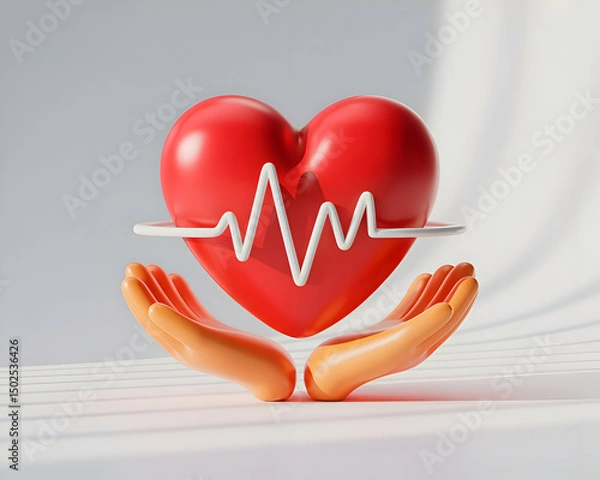 Fototapeta 3D Render of Hands Gently Holding a Red Heart with Heartbeat Line