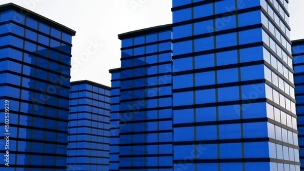 Fototapeta A 3d rendering of simple, tall blue glass buildings with dark lines. The modern city towers, similar to many new office buildings.