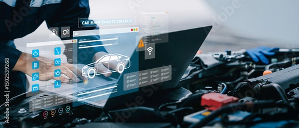 Obraz Car service and checking concept. Hand of a mechanic with laptop for maintenance checklist vehicle, Software for manager check to repair, technology checkup automotive. Customer service concept