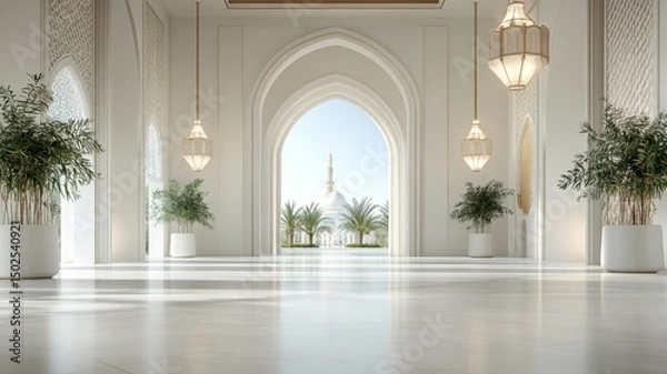 Fototapeta Elegant Interior Hallway with View of Grand Mosque Through Archway interior hallway mosque grand tea