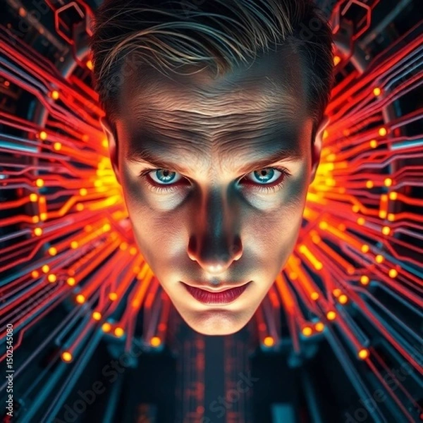 Fototapeta Cybernetic Human Transformation – Cinematic Close-Up of Face Dissolving into Glowing Circuit Lines with Neon Tones