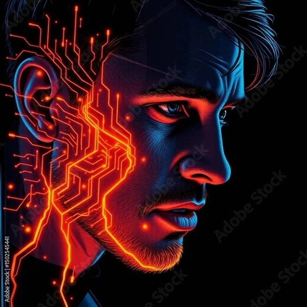 Fototapeta Cybernetic Human Transformation – Cinematic Close-Up of Face Dissolving into Glowing Circuit Lines with Neon Tones