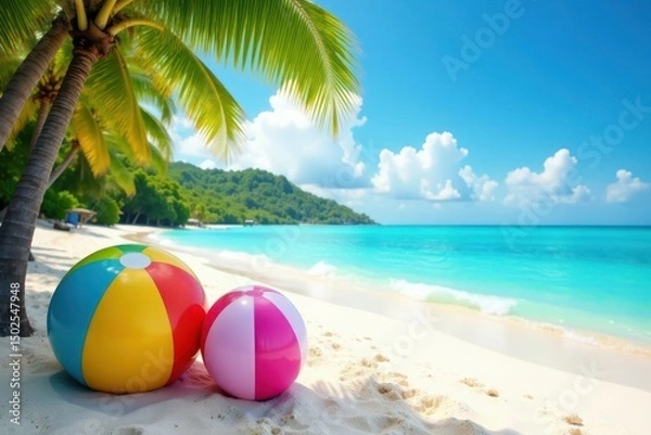 Fototapeta Tropical beach scenery with colorful beach balls and inflatables on the sand, vacation mode, hot deals