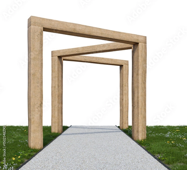 Fototapeta Gravel walking path and wooden frame entrance. 3d rendering of nature garden with empty background.