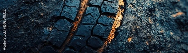 Fototapeta Close-up of a tire tread embedded in cracked earth