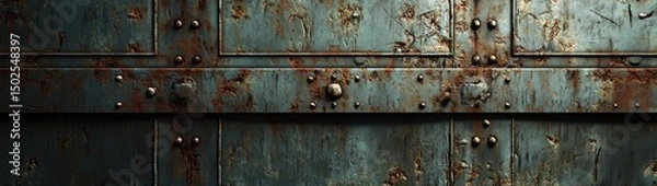 Fototapeta Close-up of a rusty metal door with rivets and a worn blue paint