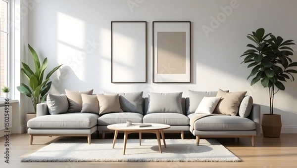 Fototapeta Modern Scandinavian Living Room with Minimalist Decor and Natural Light