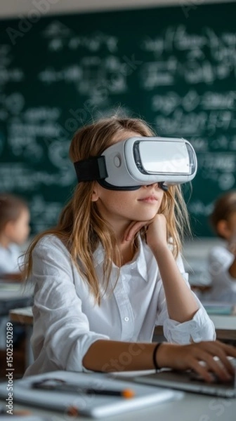 Obraz Girl using virtual reality headset for education in a modern classroom