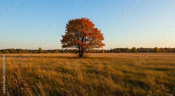 Fototapeta AI-Generated of Lone Autumn Tree with Golden Meadow under Clear Blue Sky and Negative Space