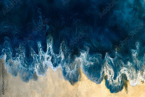 Obraz top-down view of the ocean, deep blue waves, crashing golden sand