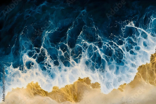 Obraz top-down view of the ocean, deep blue waves, crashing golden sand