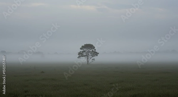 Fototapeta AI-Generated of Lonely Tree in a Misty Field with Negative Space at Dawn