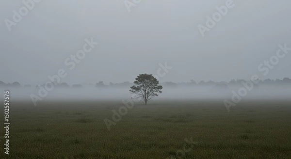 Fototapeta AI-Generated of Lonely Tree in a Misty Field with Negative Space at Dawn