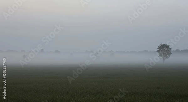 Fototapeta AI-Generated of Lonely Tree in a Misty Field with Negative Space at Dawn