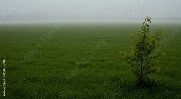 Fototapeta AI-Generated of Young Tree in Dewy Green Field with Ample Negative Space on a Foggy Morning