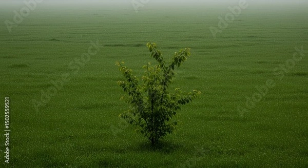 Fototapeta AI-Generated of Young Tree in Dewy Green Field with Ample Negative Space on a Foggy Morning