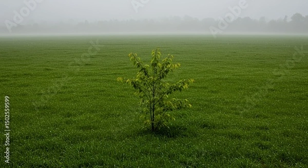 Fototapeta AI-Generated of Young Tree in Dewy Green Field with Ample Negative Space on a Foggy Morning