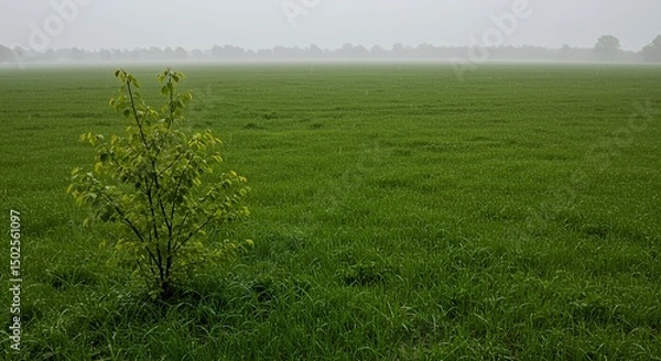 Fototapeta AI-Generated of Young Tree in Dewy Green Field with Ample Negative Space on a Foggy Morning