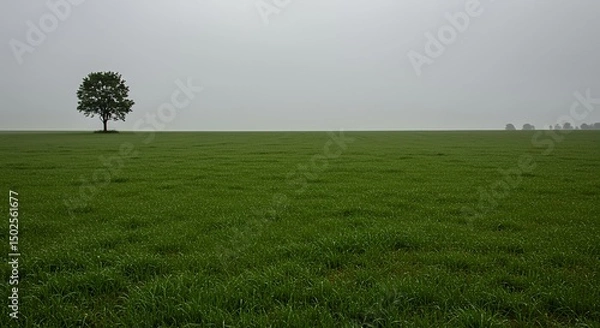 Fototapeta AI-Generated of Solitary Tree in a Foggy Green Field with Expansive Negative Space